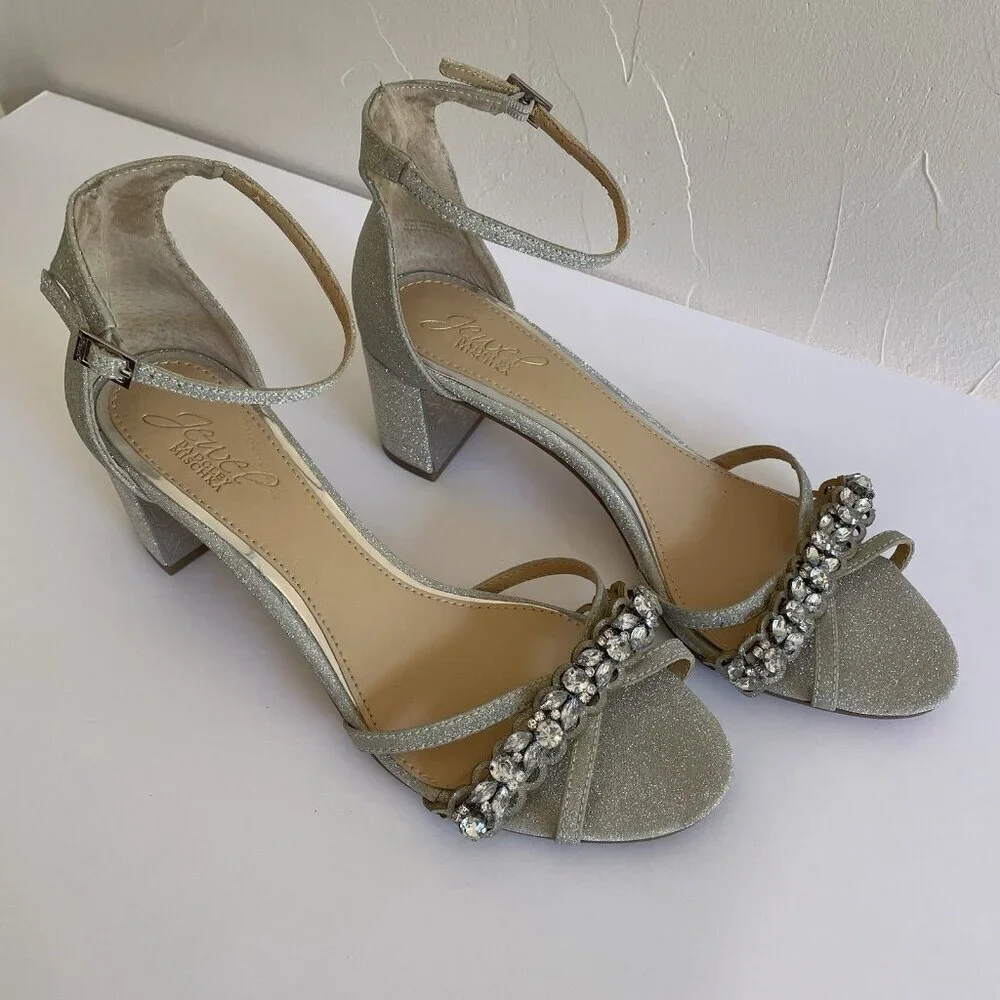 Badgley Mischka Silver Sparkle and Crystals Rhinestone Sandals Block Heels US 8